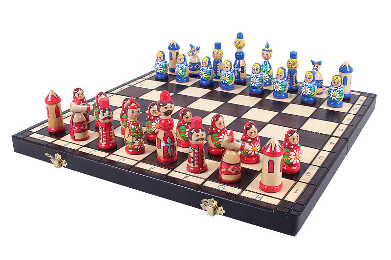 BABUSHKA Chess Set Blue 42x42cm – Hand-Painted Folk Art Birch Board