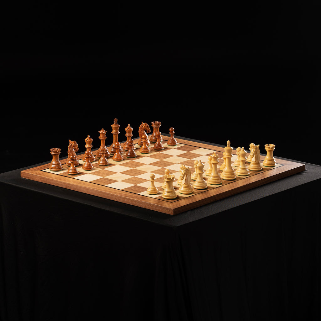 Chess Board 52×52 cm (55 mm squares) – Walnut & Maple (Black Frame), without Notation