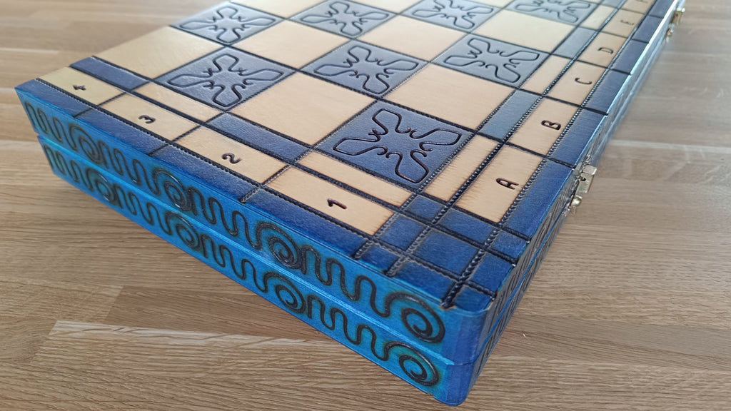 Large Indian Chess Set Blue - Hand-Carved Hornbeam with Folding Board – image 3