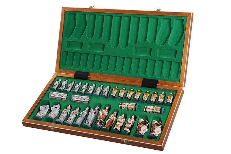 ENGLAND Medieval Chess Set – Hand-Painted Stone Pieces with Mahogany Inlay Board – image 6