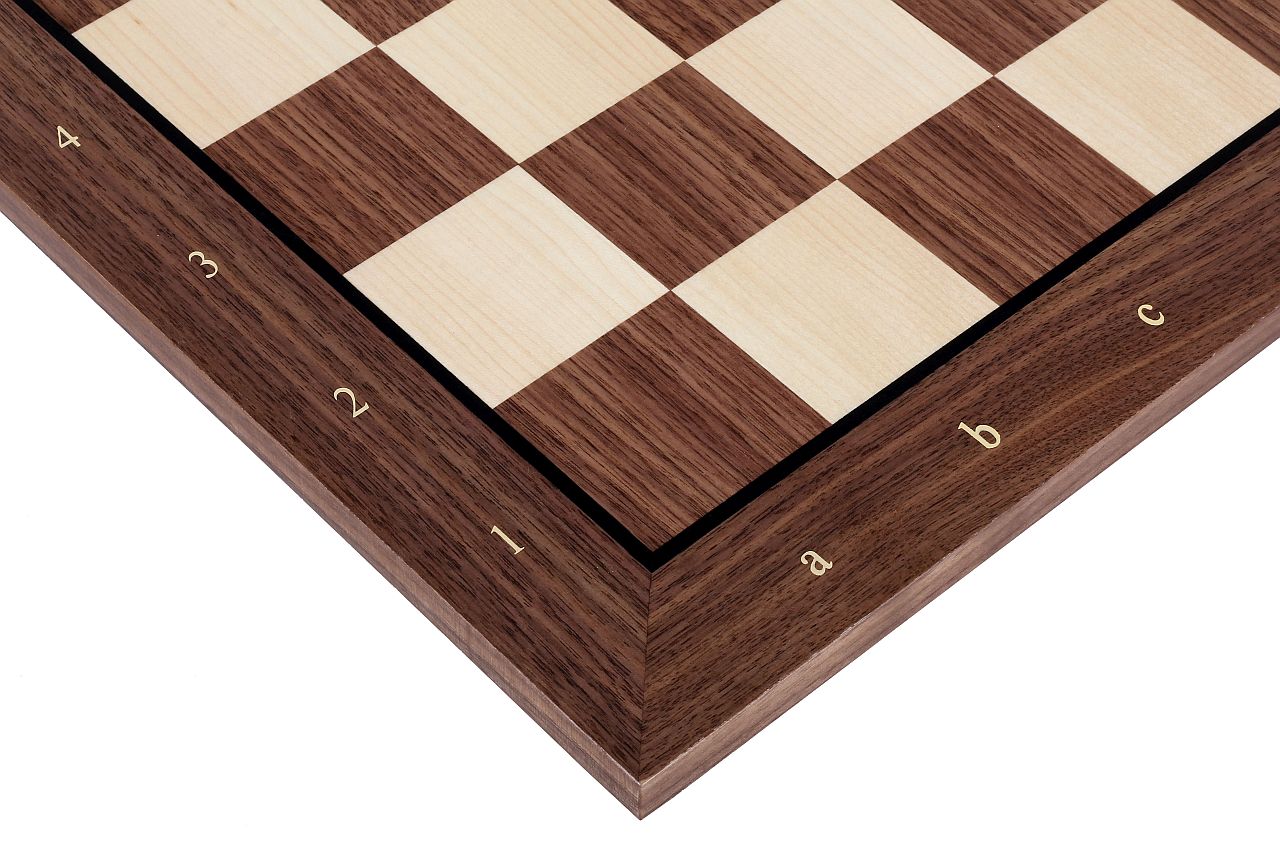 Chess Board 52×52 cm (58 mm squares) – Walnut & Maple (Black Frame), with Notation