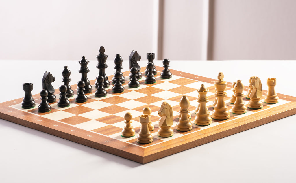 Timeless Chess Set – Mahogany Board 50mm with Notation & King 90mm